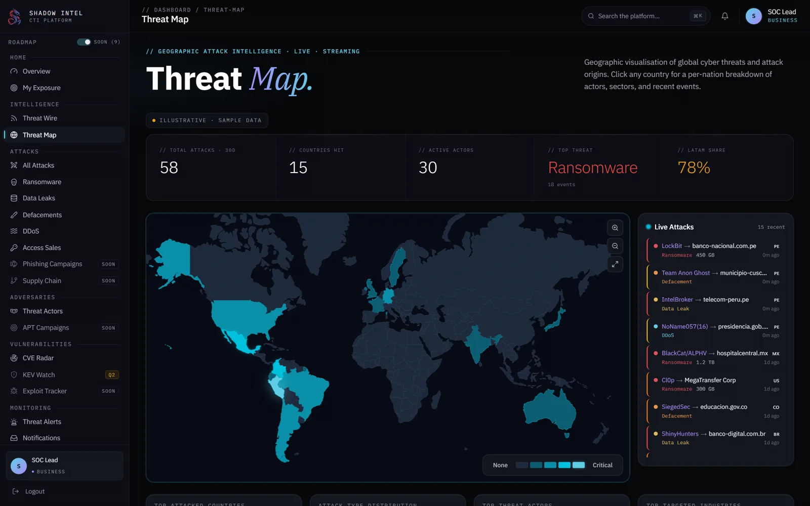 Shadow Intel Threat Map: geographic attack intelligence with a LATAM focus